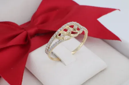 14 Karátos Arany Gyűrű Egymásba Fonódó Dupla Szárral és Cirkóniával (gy2140)